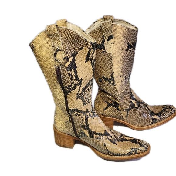 Vtg HYPE Spain Leather Python Snake Mid Calf Zipper Boots Women 6.5 m Y2K - Picture 1 of 16
